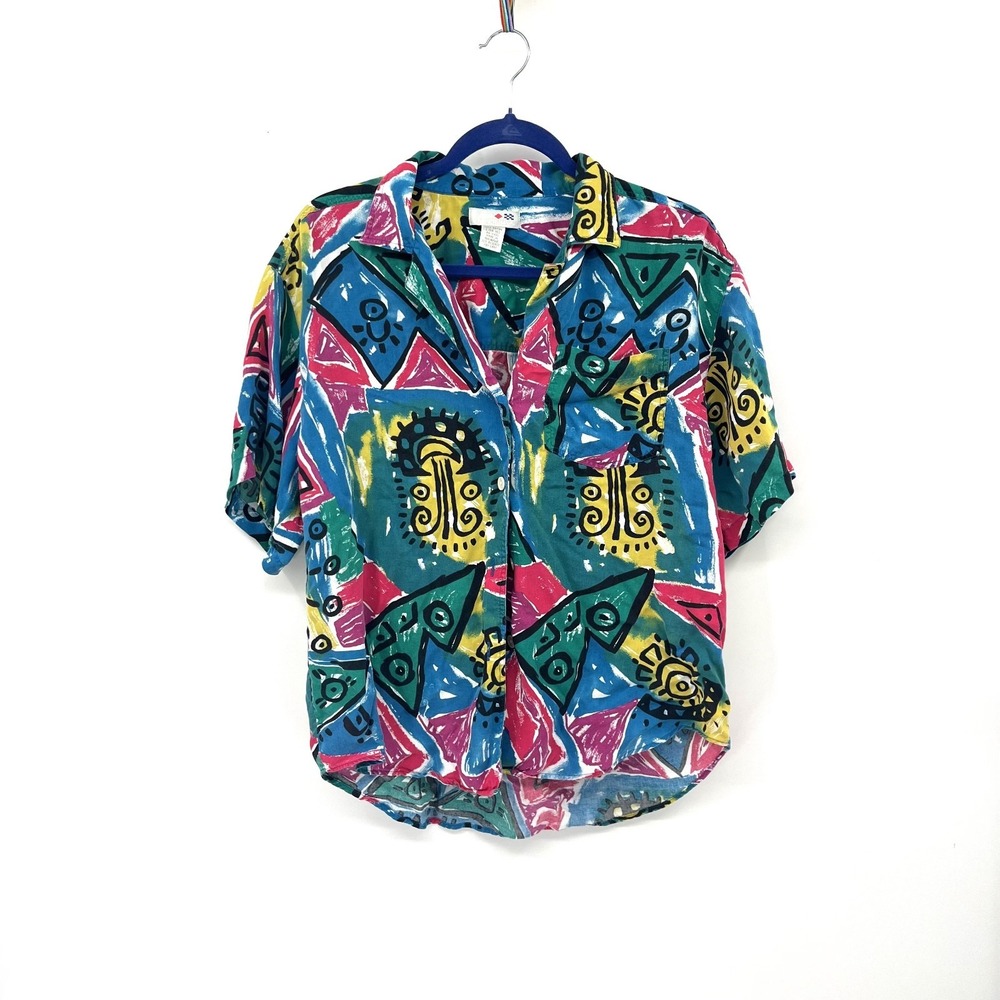 Vintage 80s 90s French navy abstract wild wacky geometric doodle button up top L